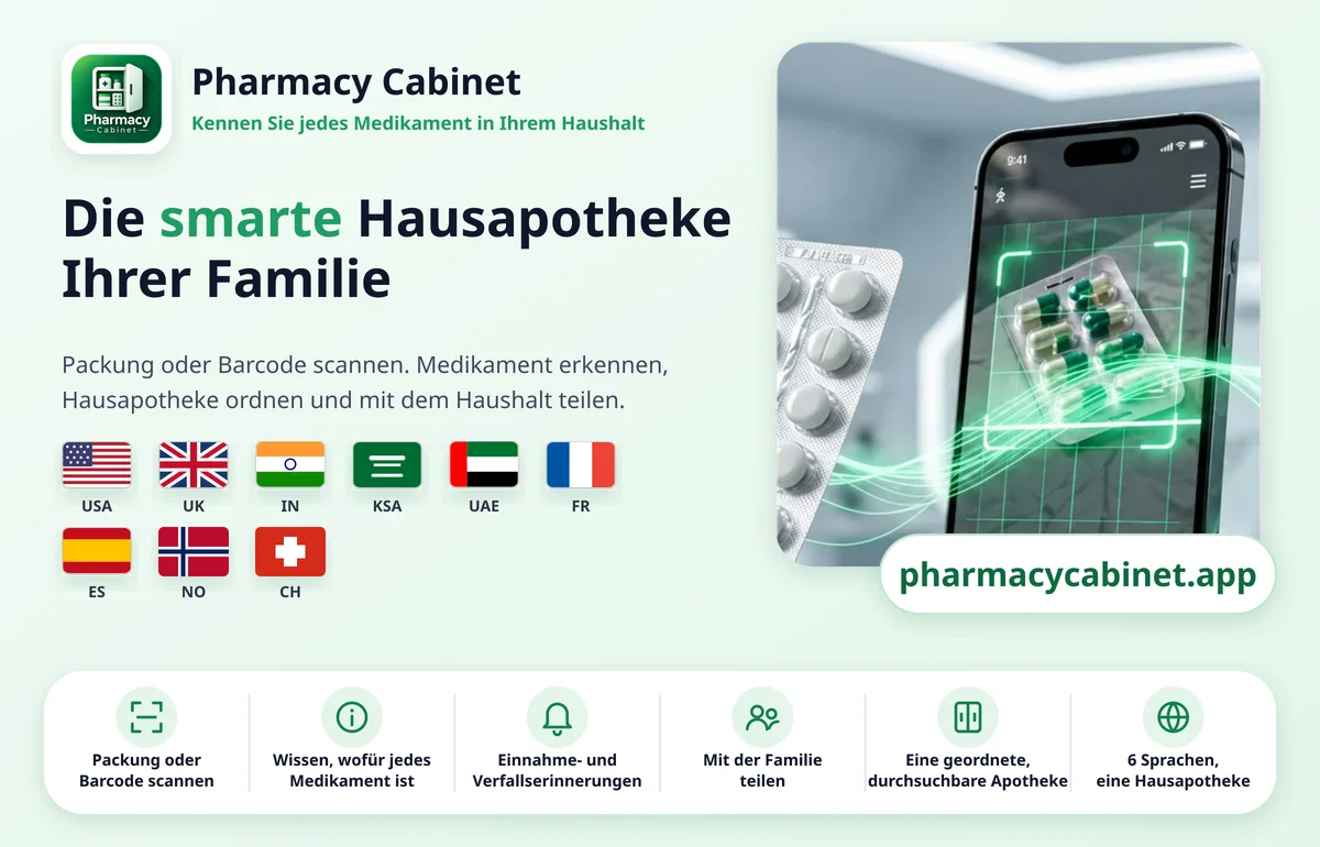 Pharmacy Cabinet: die smarte Hausapotheke Ihrer Familie. Packung oder Barcode scannen, Verfallsdaten im Blick behalten, Erinnerungen einrichten und mit der Familie teilen.