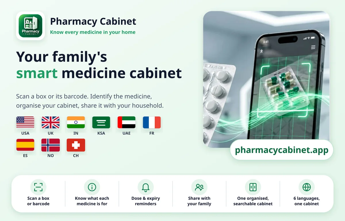 Pharmacy Cabinet: your family's smart medicine cabinet. Scan a box or barcode, track expiry dates, set reminders and share with your family.