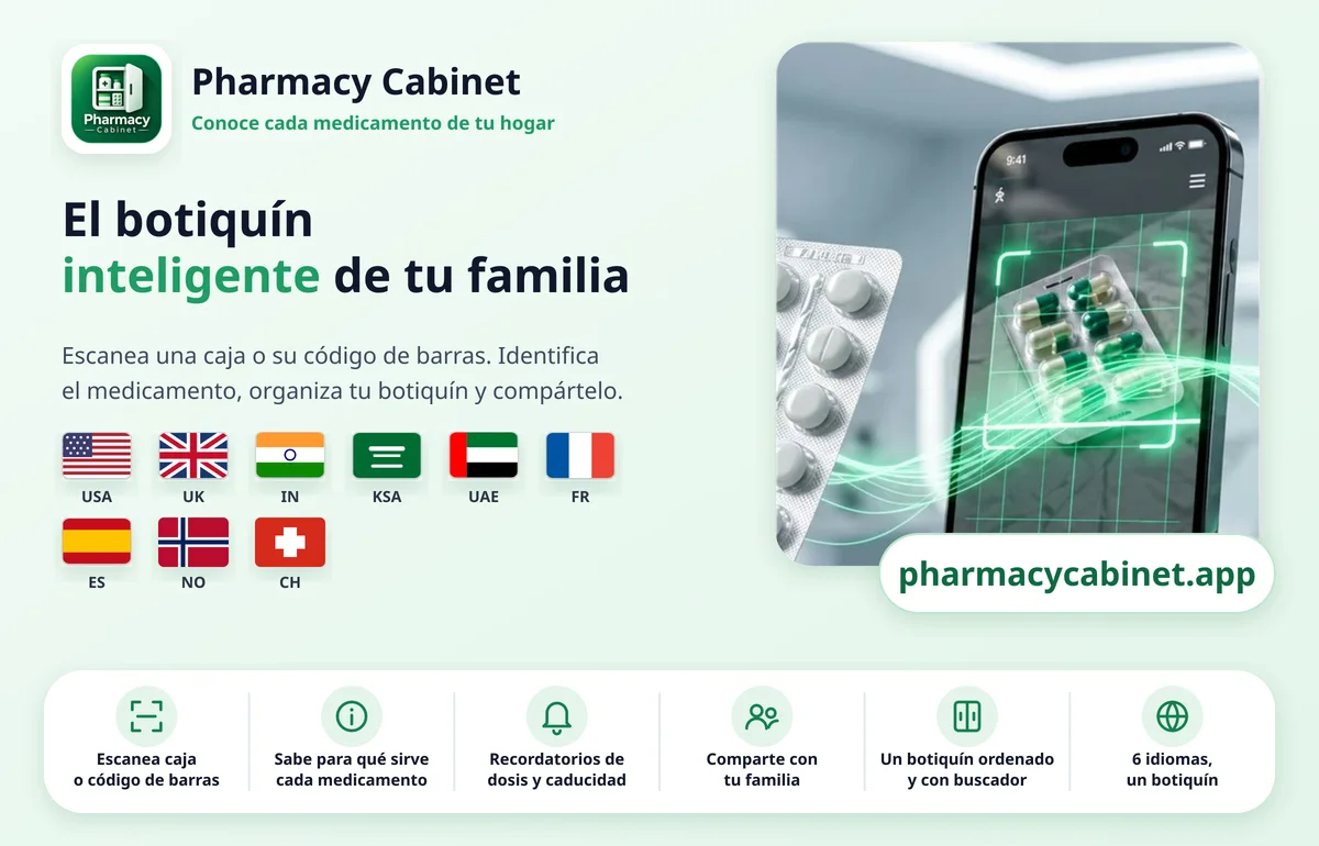 Pharmacy Cabinet: el botiquín inteligente de tu familia. Escanea una caja o código de barras, controla la caducidad, crea recordatorios y comparte con tu familia.