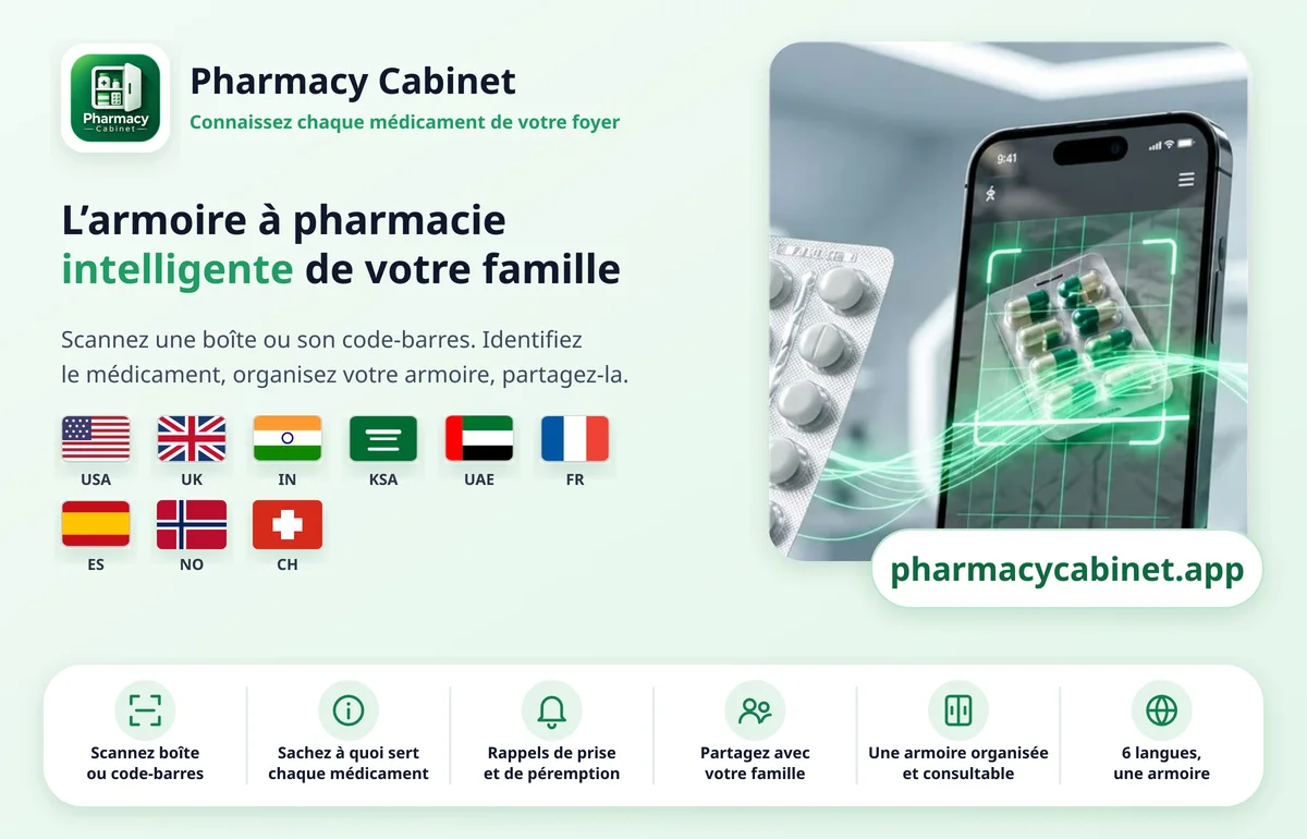 Pharmacy Cabinet : l’armoire à pharmacie intelligente de votre famille. Scannez une boîte ou un code-barres, suivez la péremption, programmez des rappels et partagez en famille.