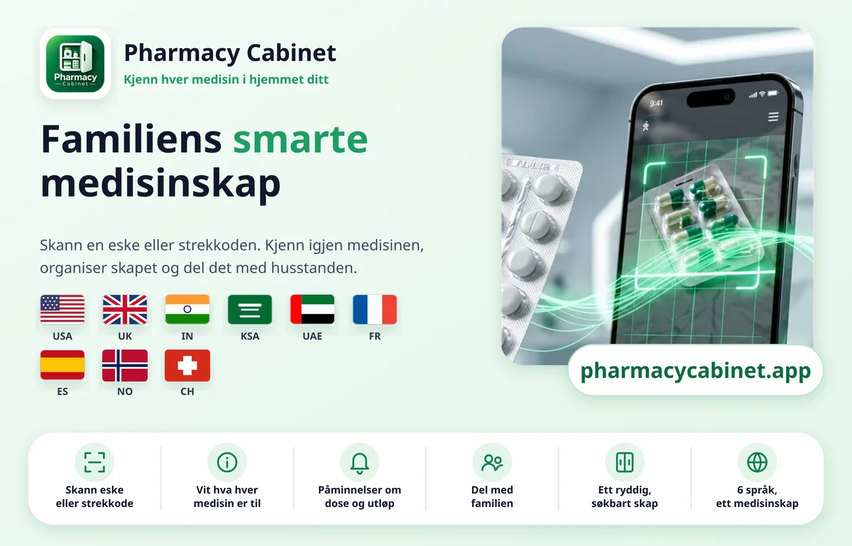 Pharmacy Cabinet: familiens smarte medisinskap. Skann en eske eller strekkode, hold oversikt over utløpsdatoer, sett påminnelser og del med familien.